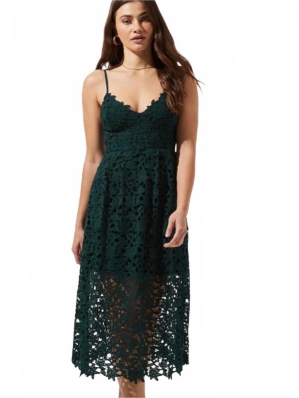 Astr Forest Green Lace Midi Dress with Spaghetti Straps